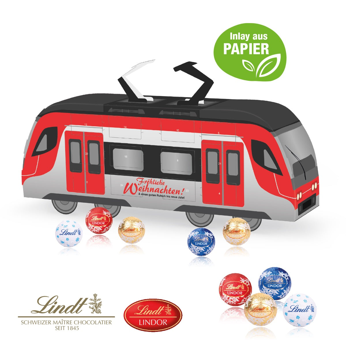 Adventskalender in Form einer Bahn, rundum mit Werbemotiv bedruckt