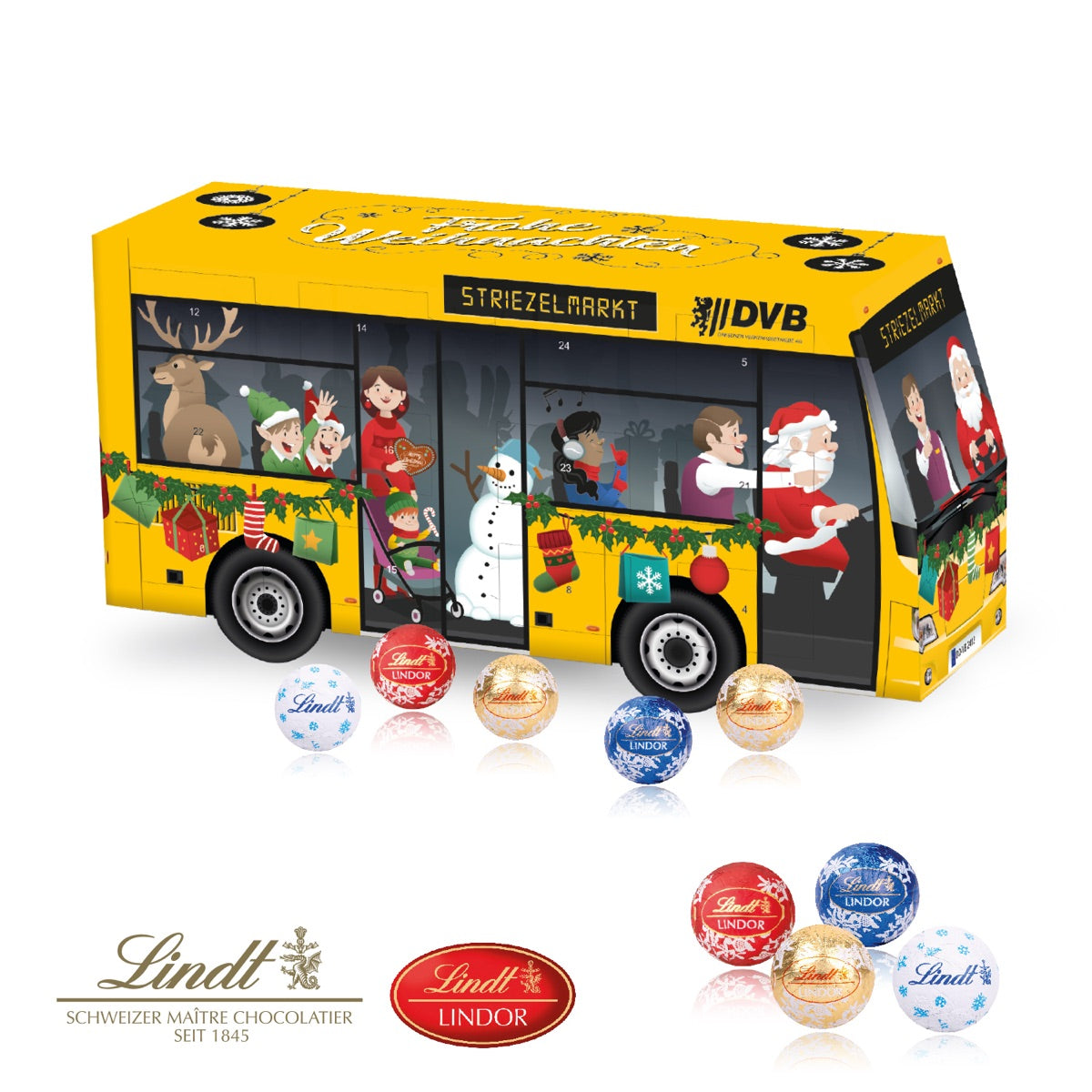 Adventskalender in Busform mit Rundumdruck und Werbemotiv