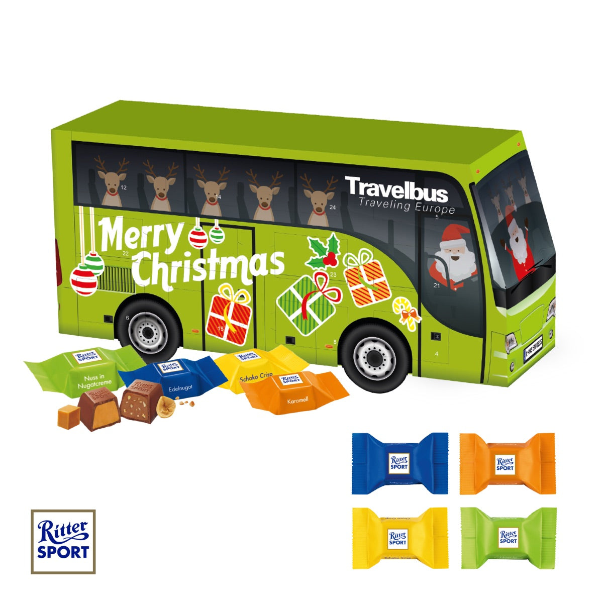 Adventskalender in Busform mit vollflächigem Werbedruck