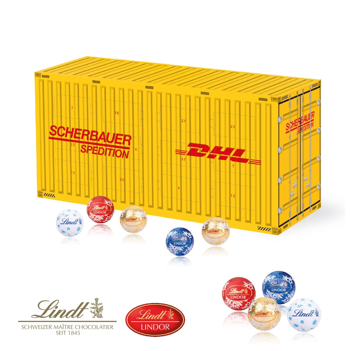 Adventskalender in Containerform mit individuellem Werbedruck