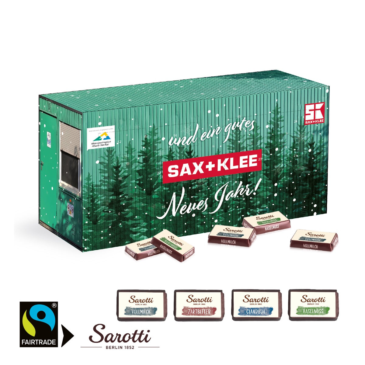 Adventskalender in Containerform mit Werbemotiv und Logo