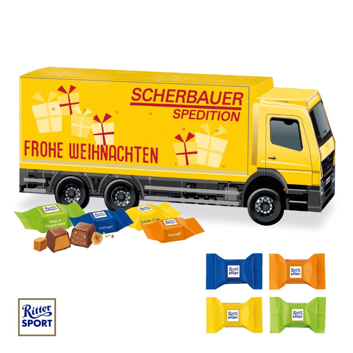 Adventskalender in Form eines Sattelzugs mit Werbedruck