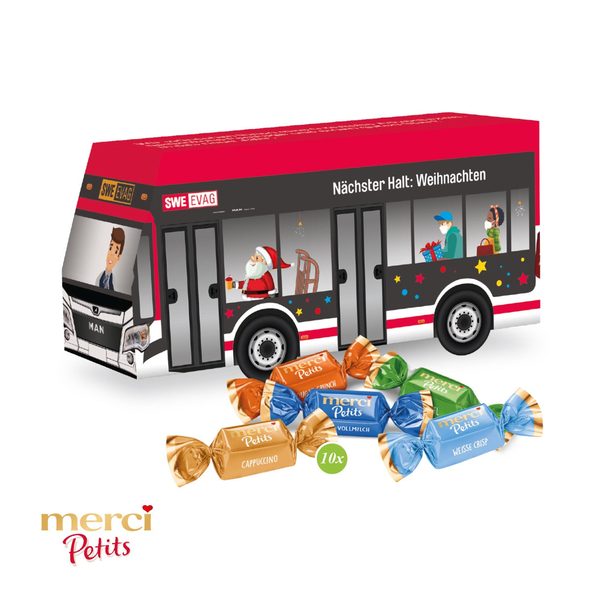 Bedruckter Bus aus Karton mit Werbeflächen wie an einem echten Fahrzeug