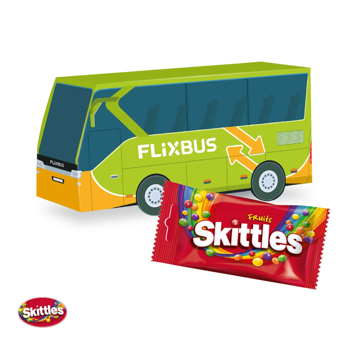 Bunter Werbebus aus Karton mit vollflächigem Druck und Logo