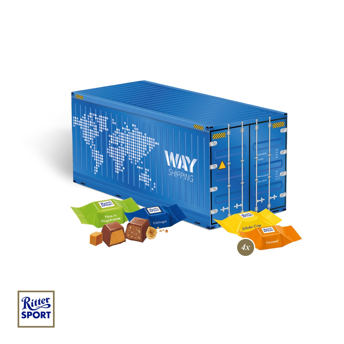 Präsentcontainer aus Karton, vollflächig mit Werbemotiv bedruckt