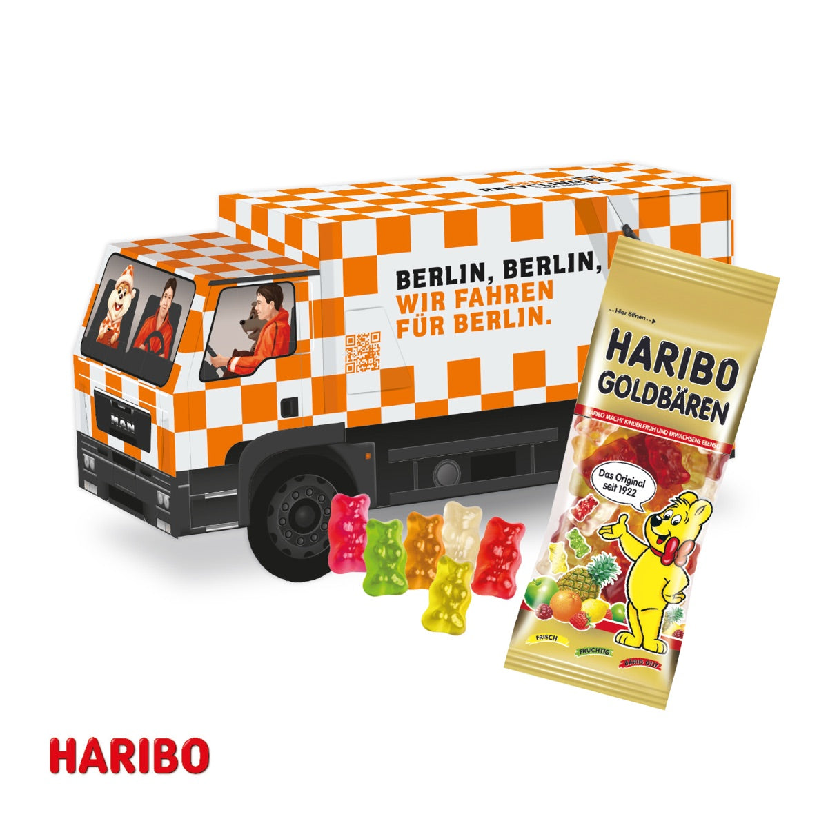 Präsentverpackung als LKW mit bedruckbarem Auflieger und Fahrerhaus