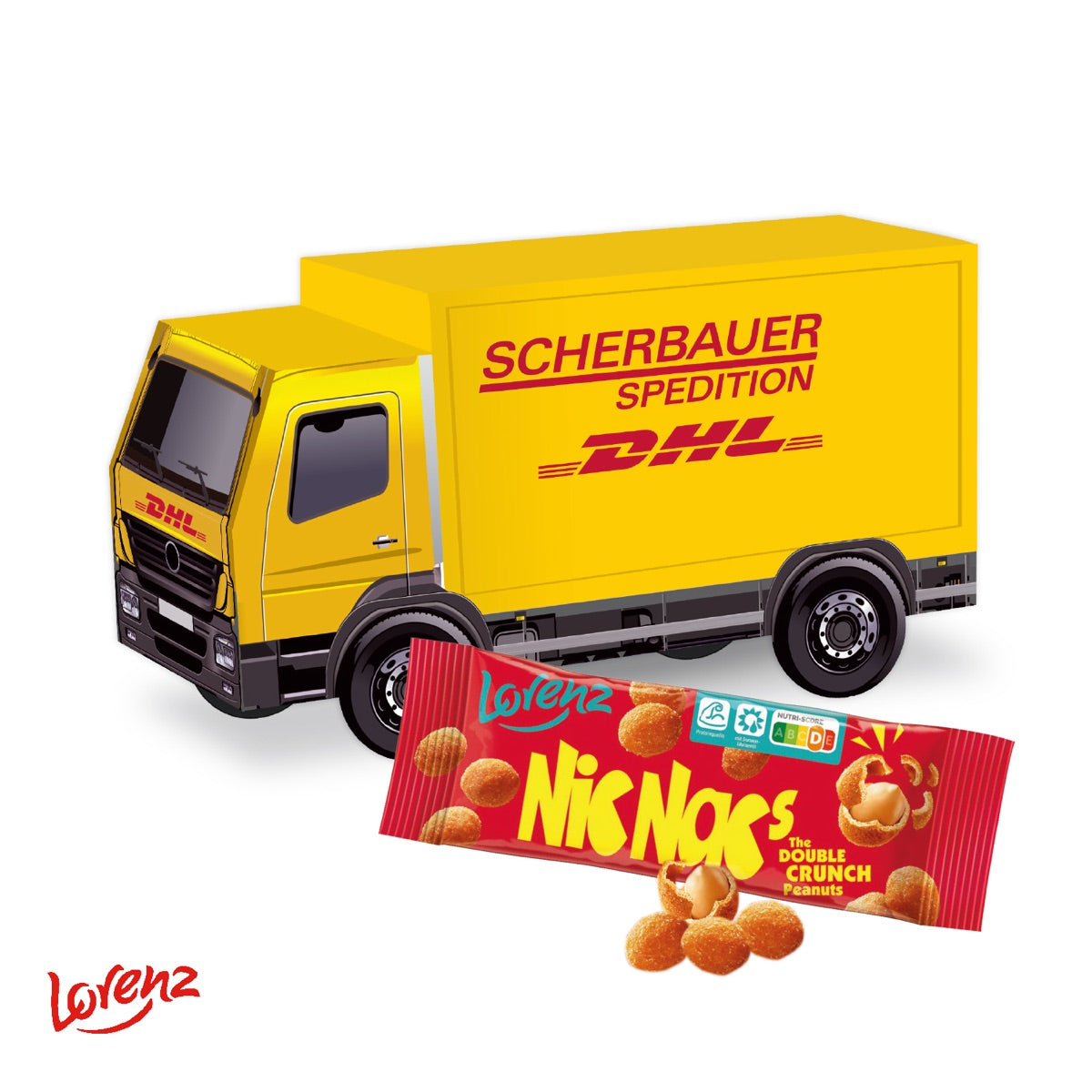 Werbe LKW aus Karton mit vollflächigem Digitaldruck auf der Fahrzeugkontur