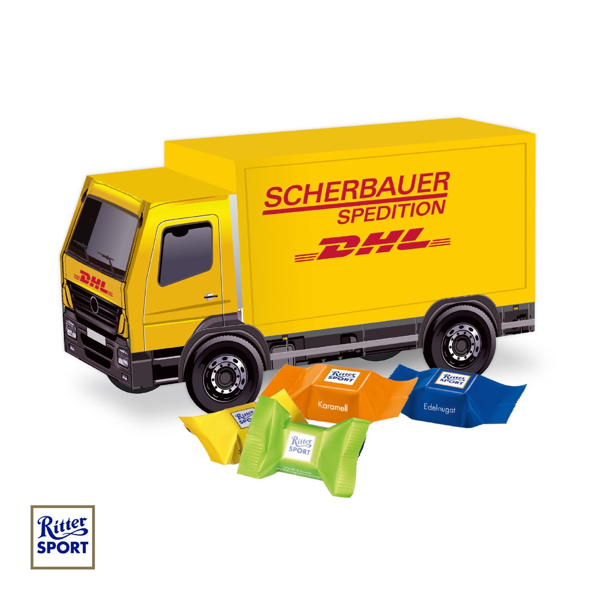 Bedruckter Werbe LKW aus Karton in Fahrzeugform mit Platz für das Logo