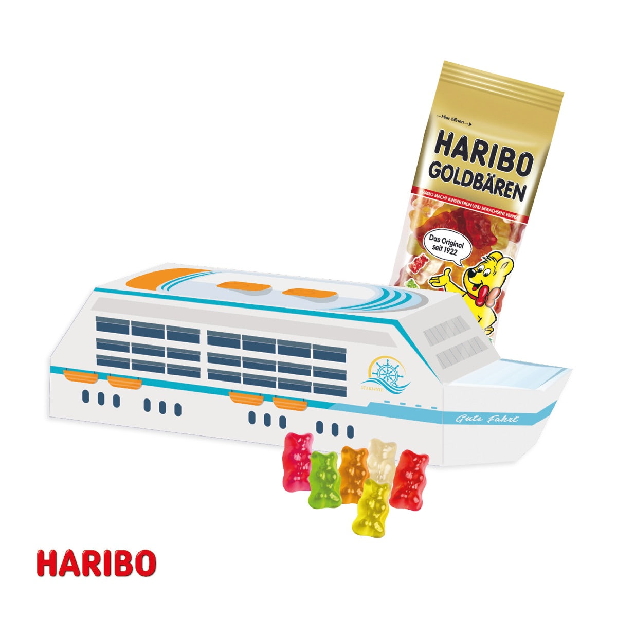 Präsent in Form eines Schiffs aus Karton, vollflächig mit Werbemotiv bedruckt