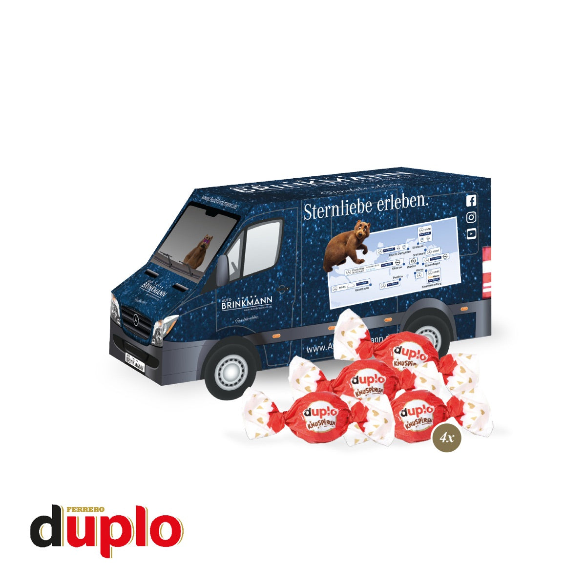 Weihnachtspräsent in Transporterform aus Karton, rundum mit Werbemotiv bedruckt