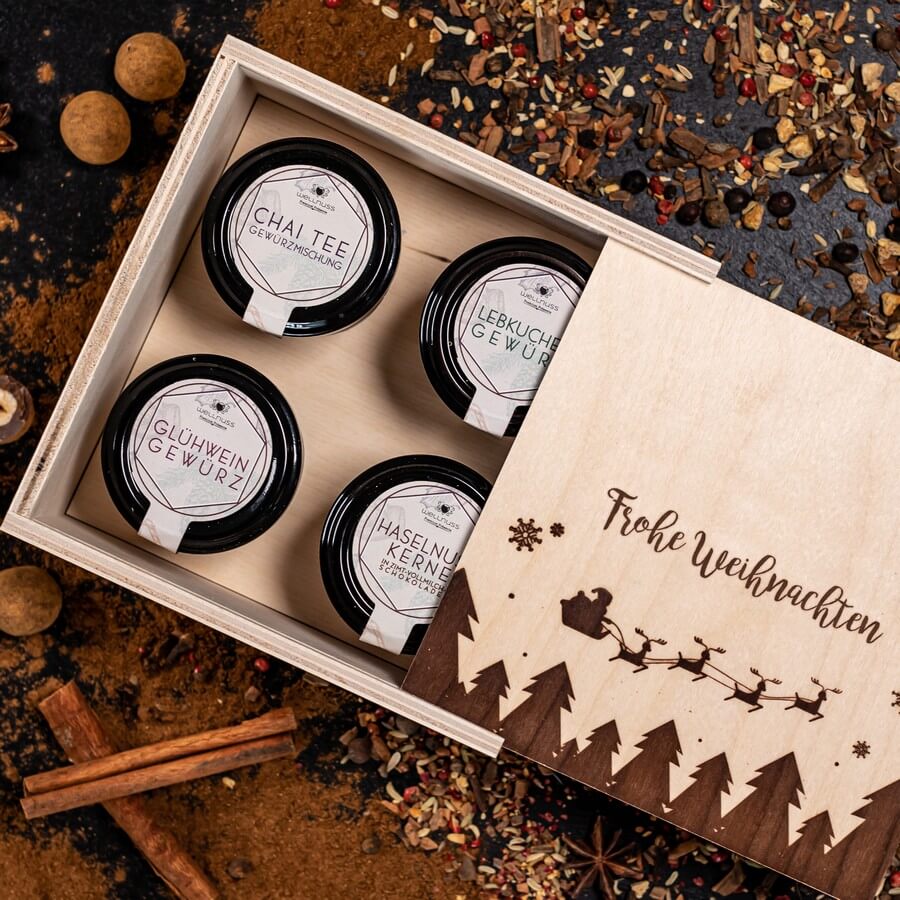 Gourmet Weihnachtsgewürze Set in Birkenholzbox
