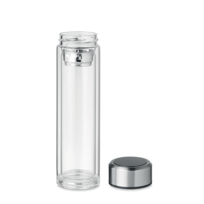 Glastrinkflasche mit einem LED-Thermometer im Deckel . Dein Logo  oder Wunsch-Design wird auf die Flasche gedruckt.