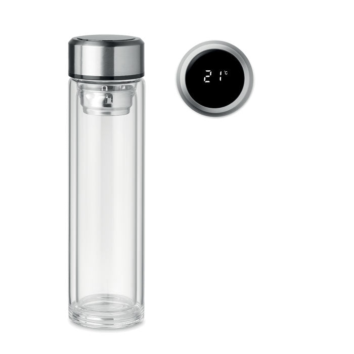 Glastrinkflasche mit einem LED-Thermometer im Deckel . Dein Logo  oder Wunsch-Design wird auf die Flasche gedruckt. Thermometer Anzeige