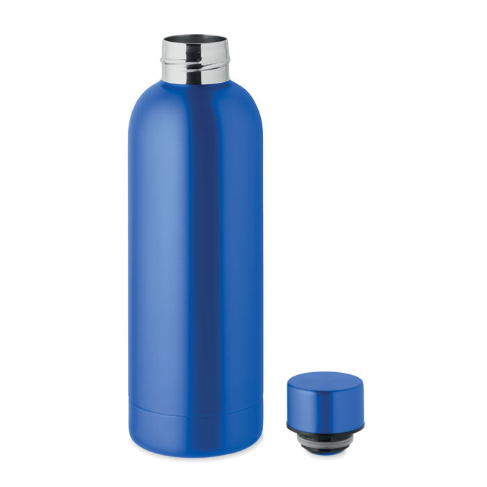 Isolierflasche Athen aus recyceltem Edelstahl mit einem wunderschönen Logodruck auf der Frontseite der Flasche, In der Farbe blau