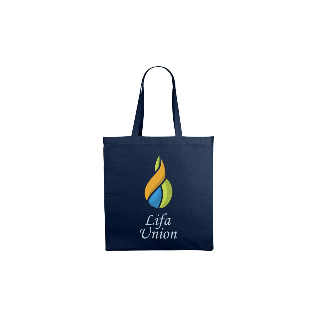 Baumwolltasche Odess in der Farbe Navy Blau/ dunkelblau mit einem 4 farbigen Logo auf der Vorderseite mit zwei langen Henkeln