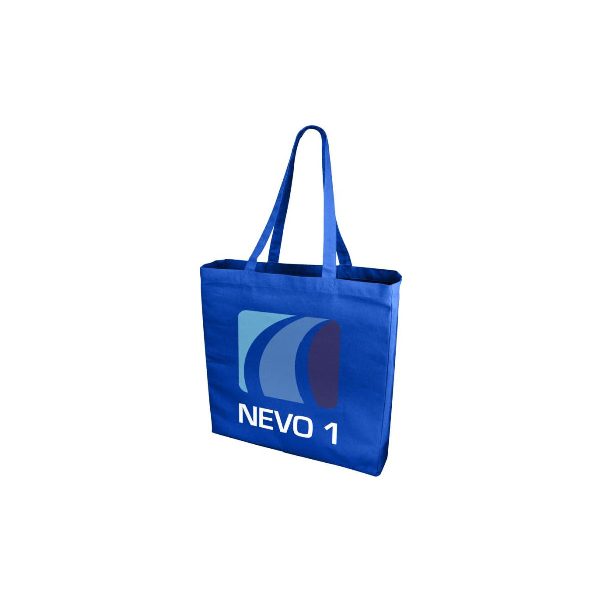 Baumwolltasche Odess in der Farbe Royalblau mit einem 4 farbigen Logo auf der Vorderseite mit zwei langen Henkeln