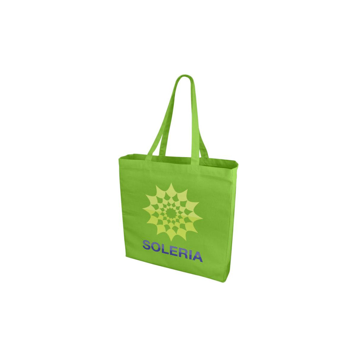 Baumwolltasche Odess in der Farbe Grün mit einem 4 farbigen Logo auf der Vorderseite mit zwei langen Henkeln
