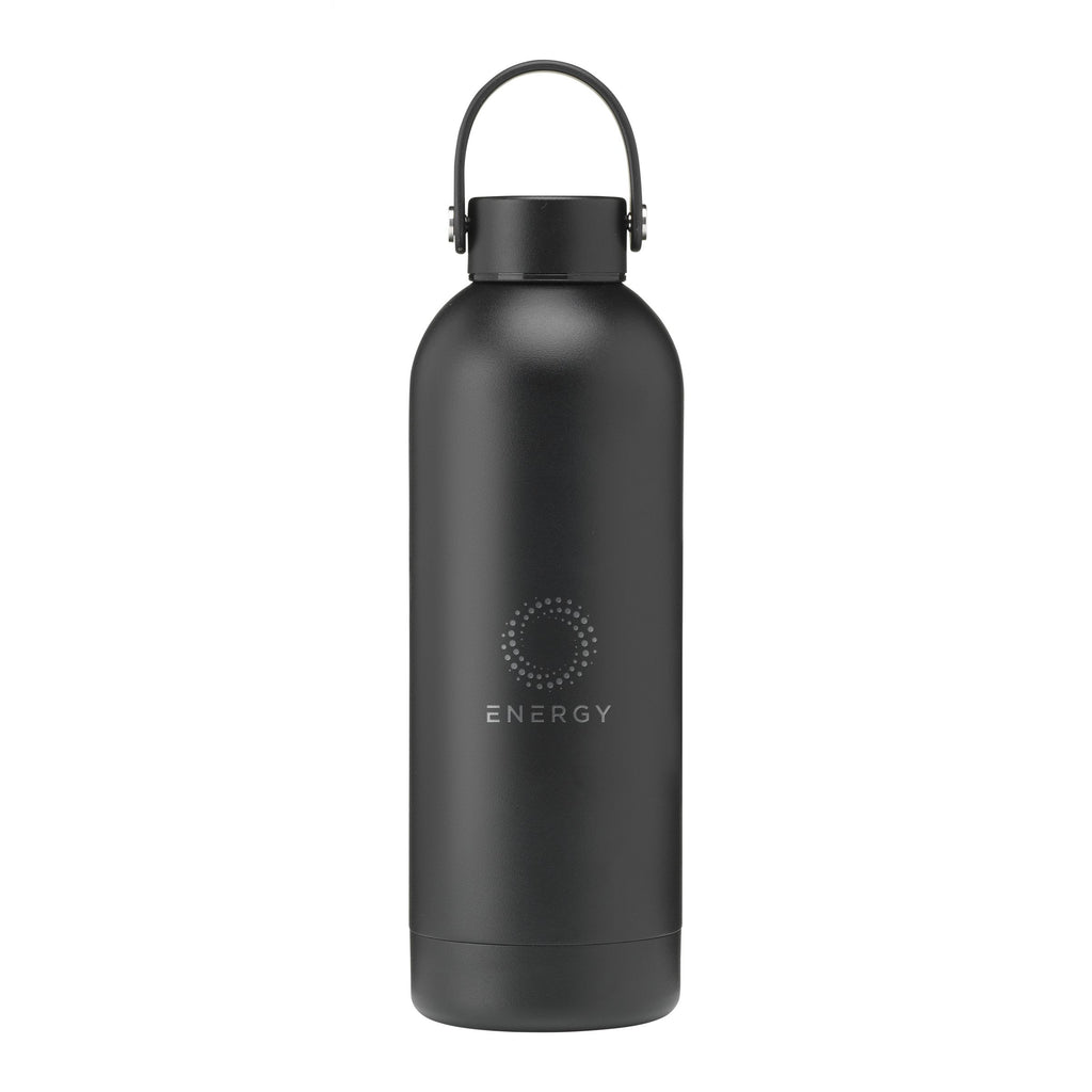 Elegante und praktische Edelstahlflasche aus recyceltem Stahl. Mit einem bunten Logo auf der Front der Flasche. Schwarz