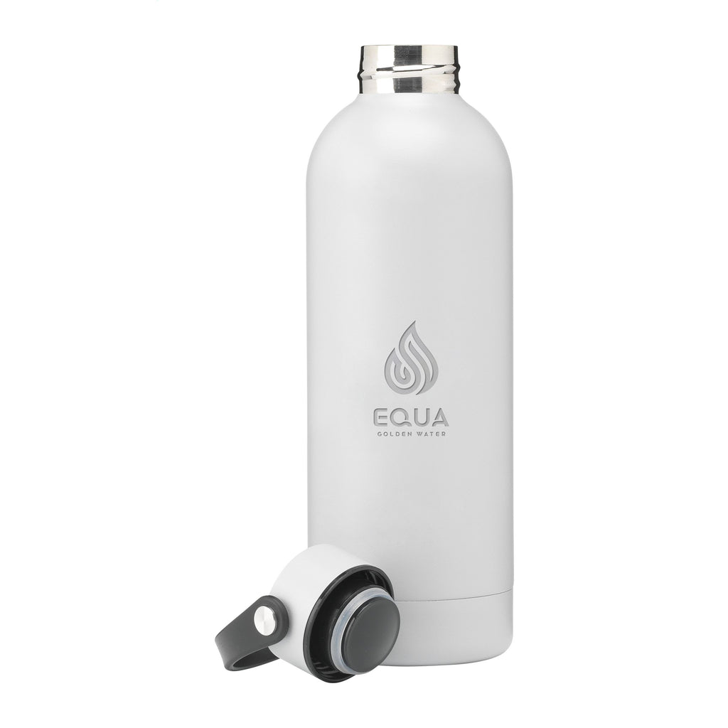  Elegante und praktische Edelstahlflasche aus recyceltem Stahl. Mit einem bunten Logo auf der Front der Flasche. Grau