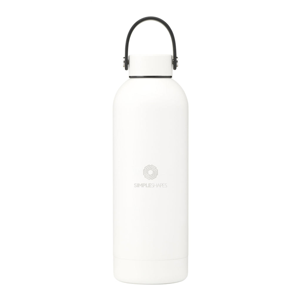 Elegante und praktische Edelstahlflasche aus recyceltem Stahl. Mit einem bunten Logo auf der Front der Flasche. Weiß