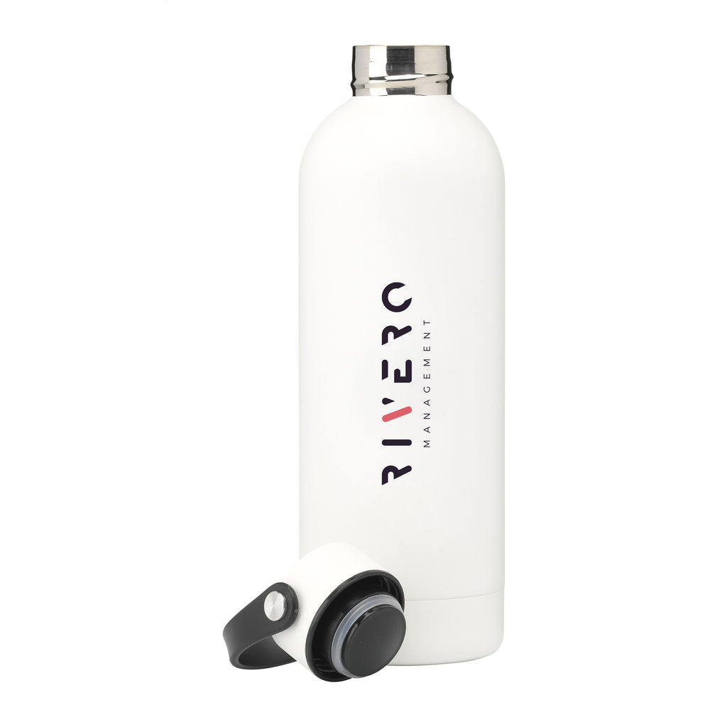 Elegante und praktische Edelstahlflasche aus recyceltem Stahl. Mit einem bunten Logo auf der Front der Flasche. Weiß