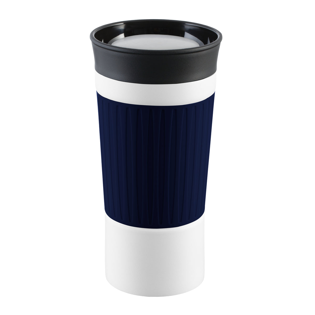 Becher: weiß, Hülle: dunkelblau
