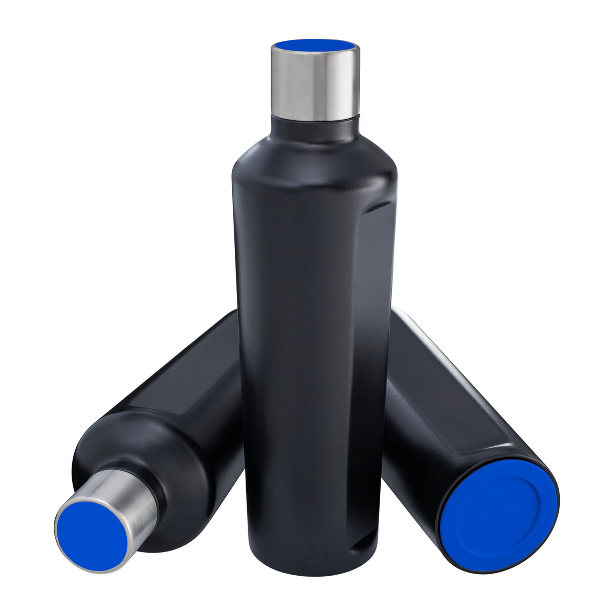 Flasche: schwarz, Deckel: blau, Boden: blau