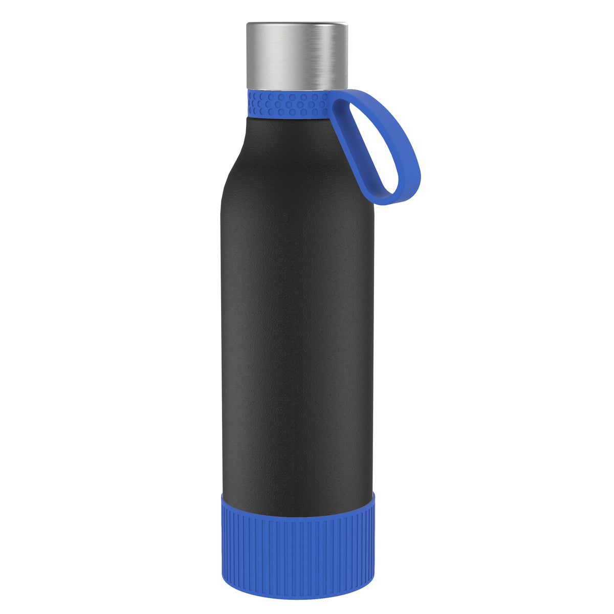 Flasche: schwarz, Ring: blau, Hülle: blau