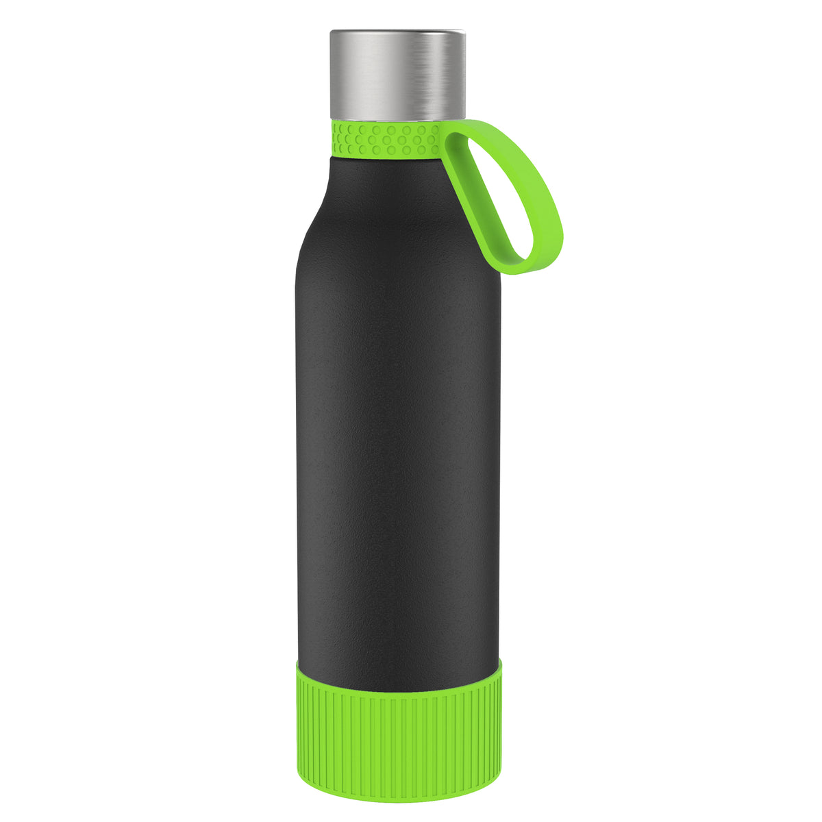Flasche: schwarz, Ring: hellgrün, Hülle: hellgrün