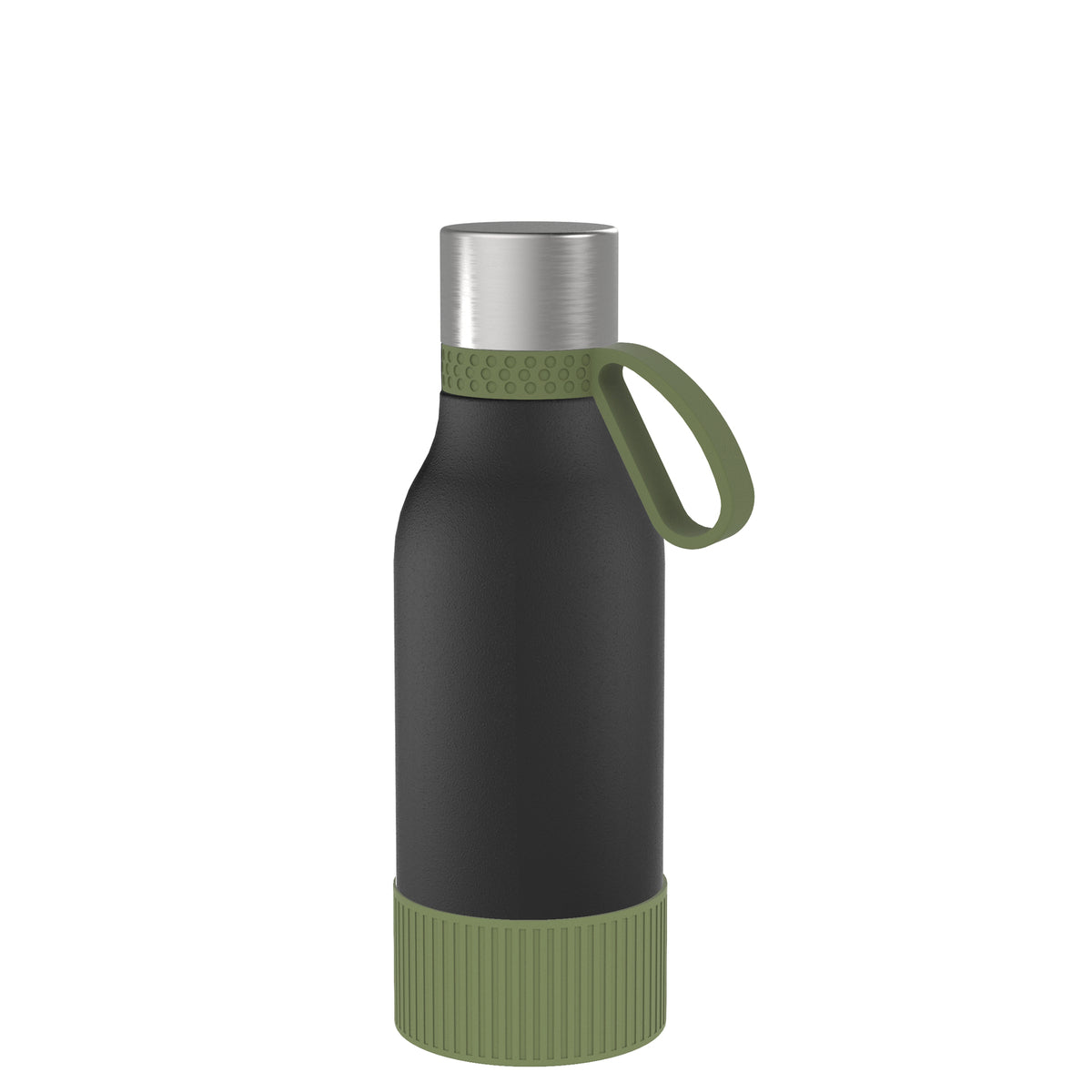 Flasche: schwarz, Ring: olivgrün, Hülle: olivgrün
