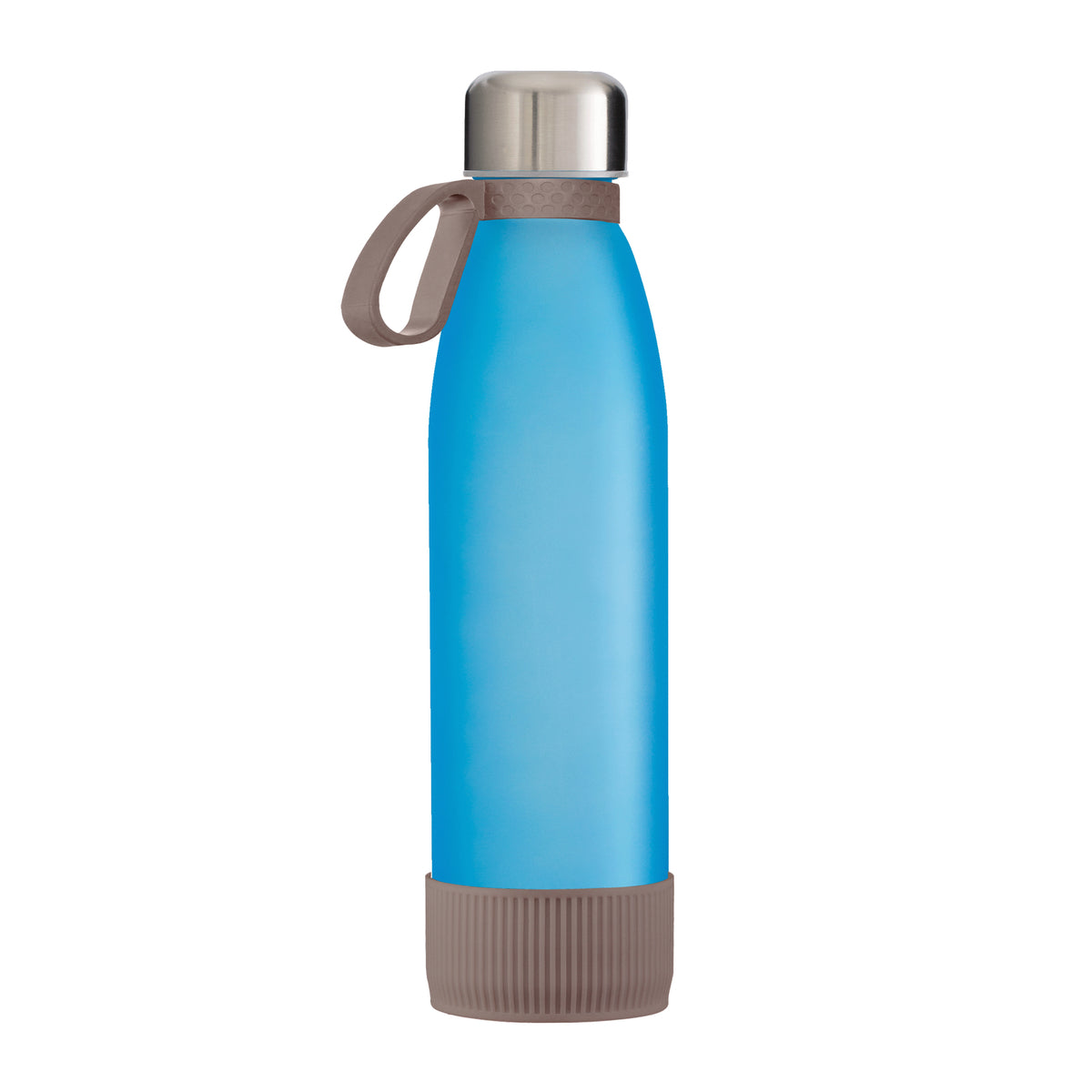 Flasche: cyan, Ring: braun, Hülle: braun