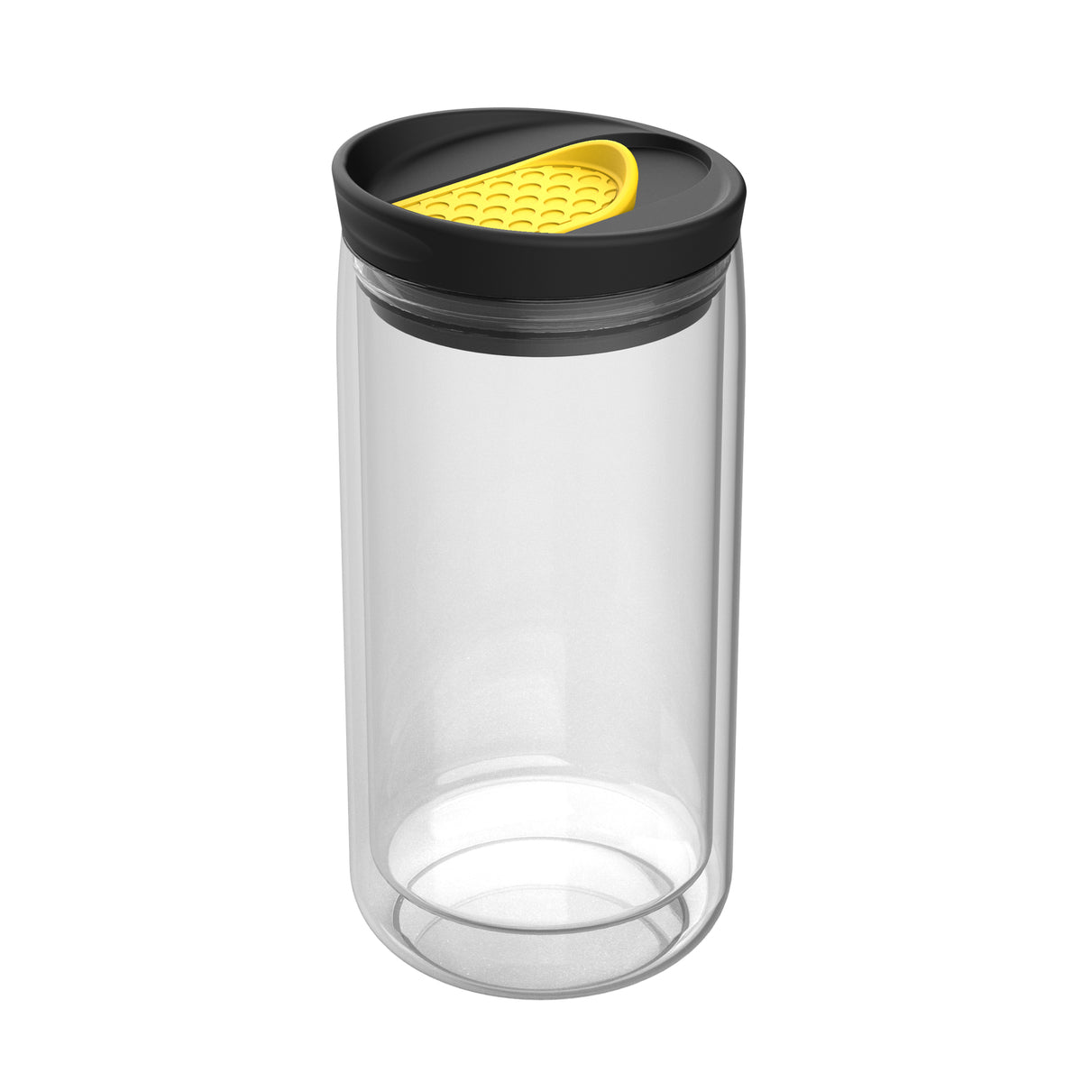 Becher: transparent, Deckel: gelb
