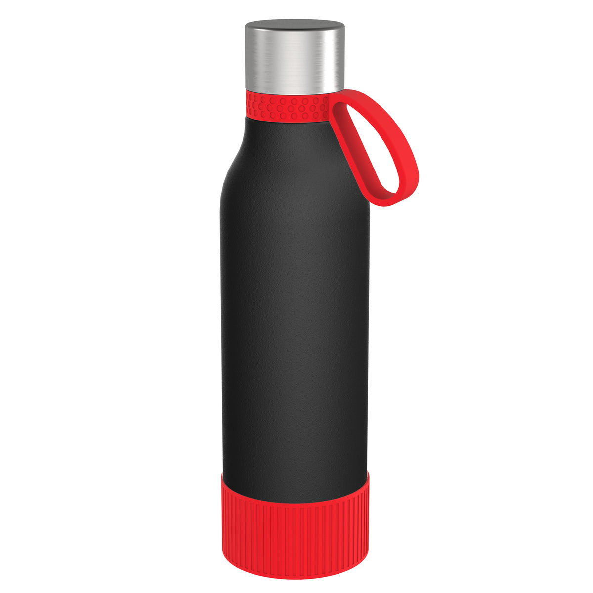 Flasche: schwarz, Ring: rot, Hülle: rot