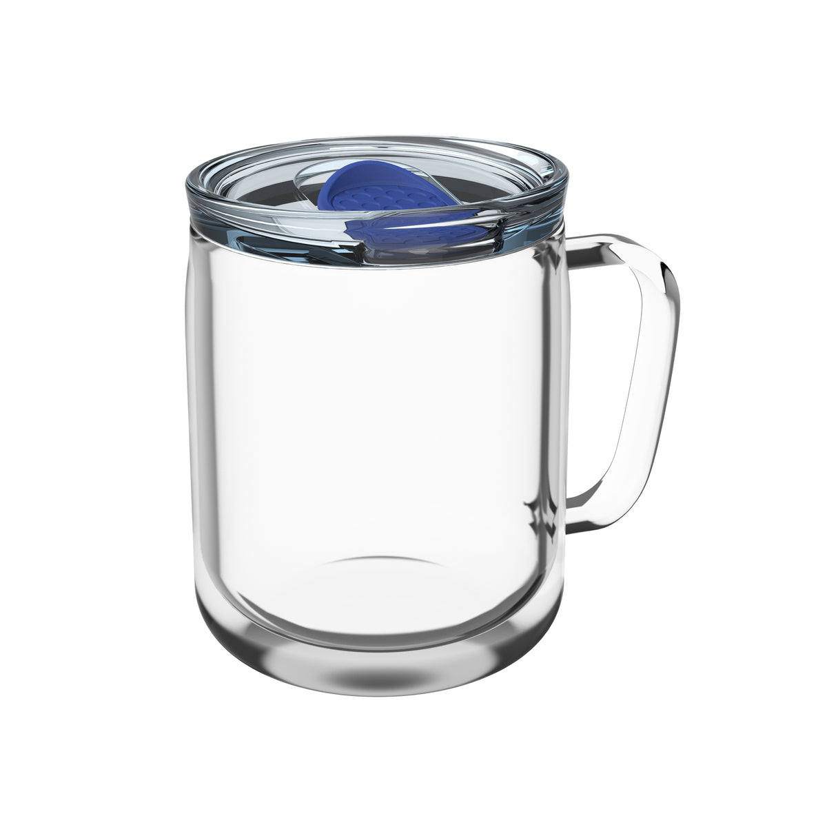 Becher: transparent, Deckel: blau