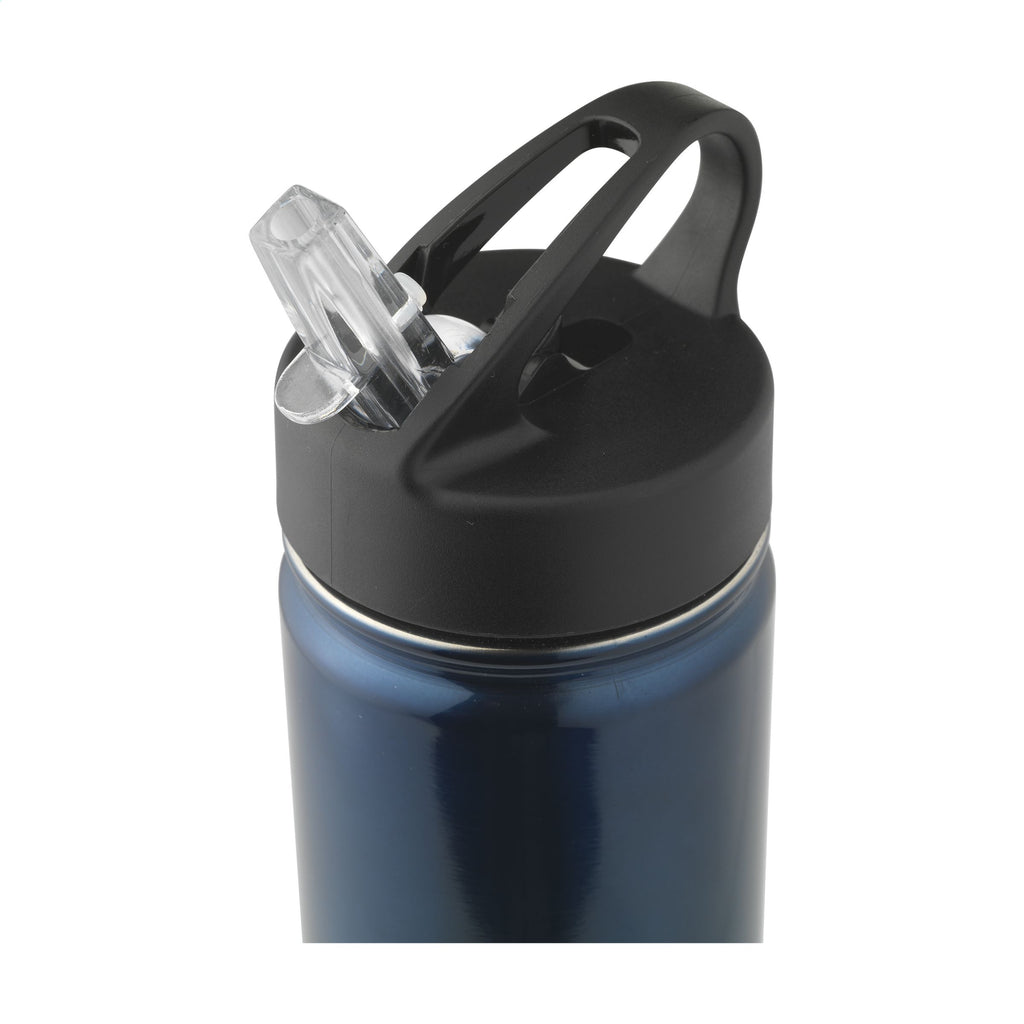 Thermosflasche aus recyceltem Edelstahl und einem buntem Logo-Design auf der Front Deckelansicht