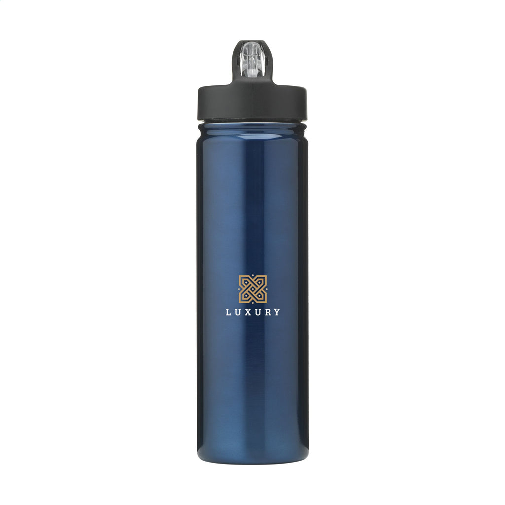 Thermosflasche aus recyceltem Edelstahl und einem buntem Logo-Design auf der Front