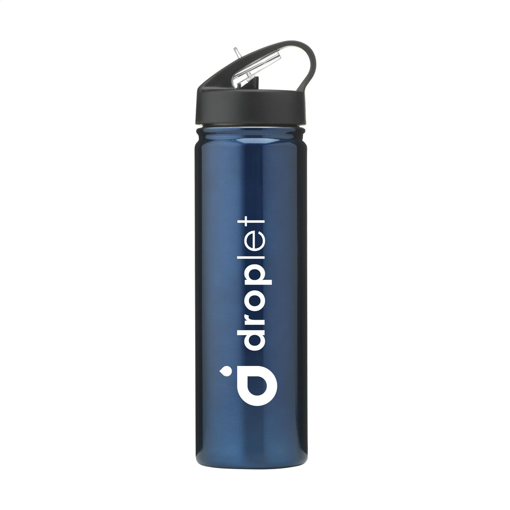 Thermosflasche aus recyceltem Edelstahl und einem buntem Logo-Design auf der Front. Seitlich dunkelblau