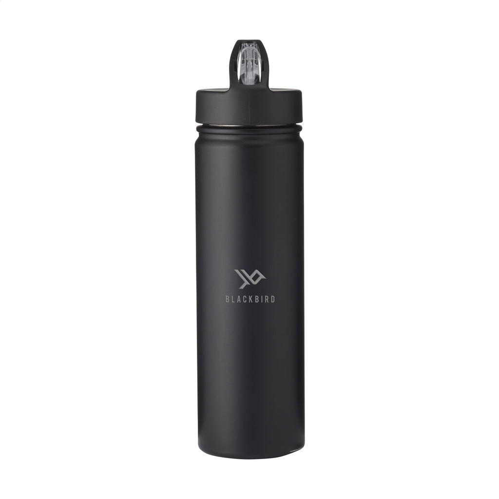 Thermosflasche aus recyceltem Edelstahl und einem buntem Logo-Design auf der Front. Schwarze Flasche mit elegantem Design