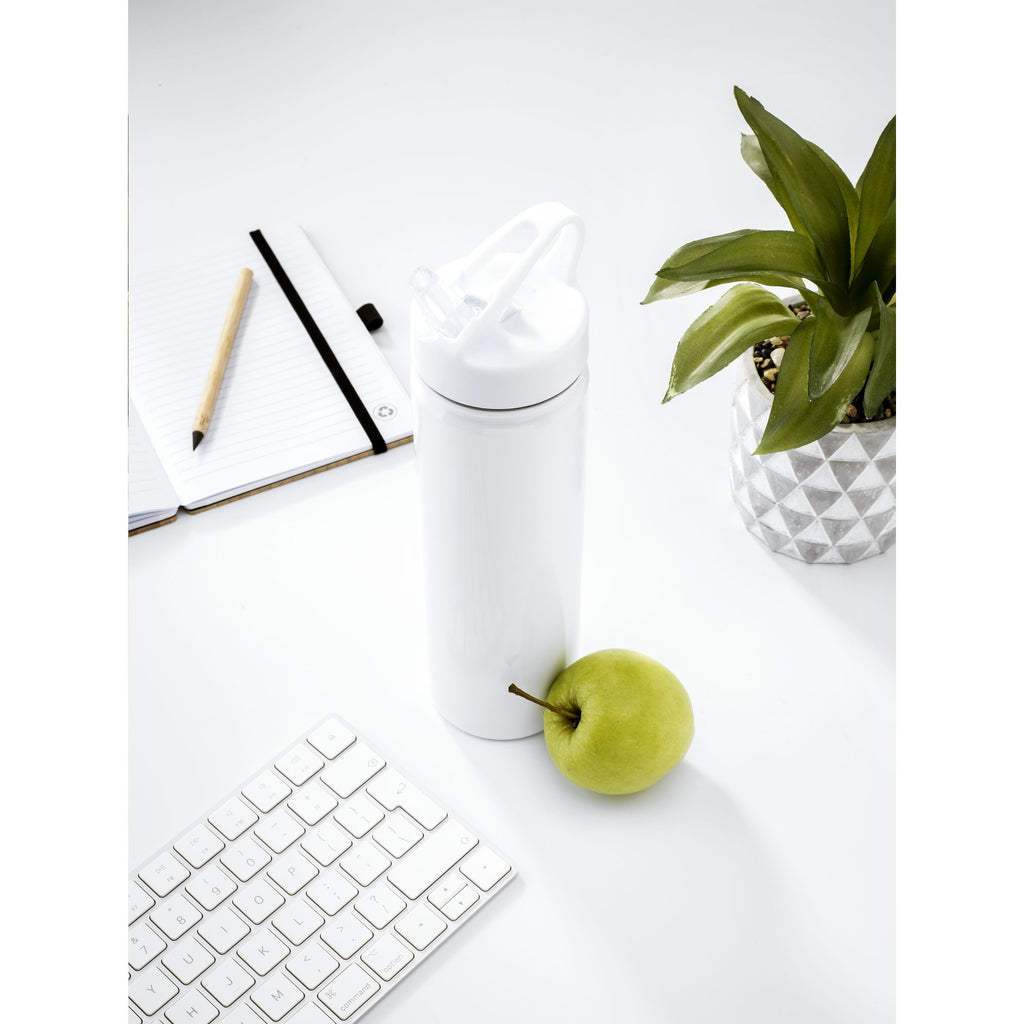 Weiße Thermosflasche auf dem Schreibtisch