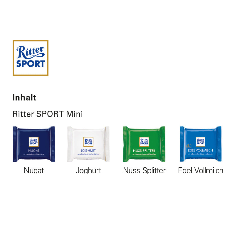 VArianten von Ritter SPORT Mini: Nugat, Joghurt, Nuss-Splitter, Edel-Vollmilch