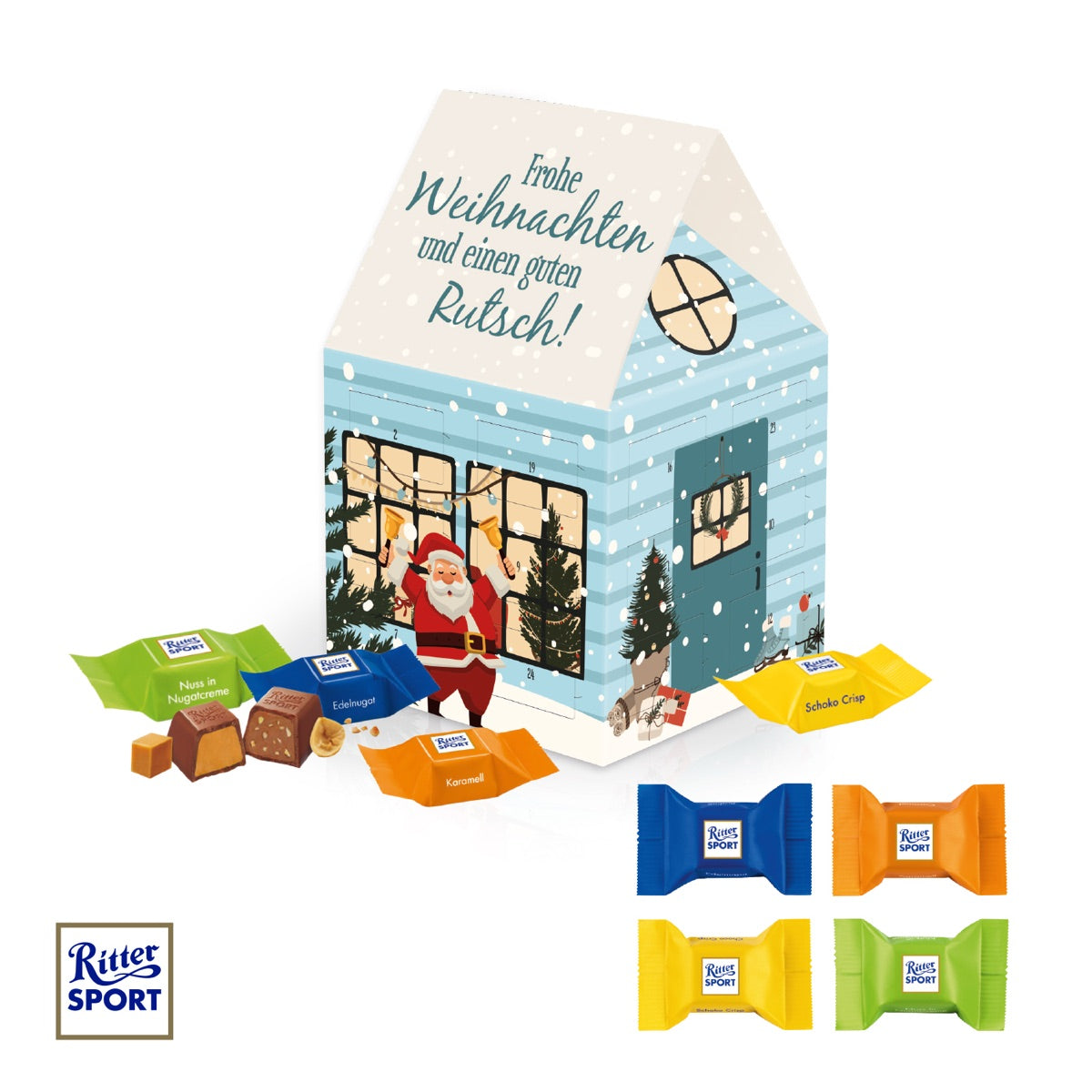 Adventskalender in Hausform mit bedruckter Fassade und Logo