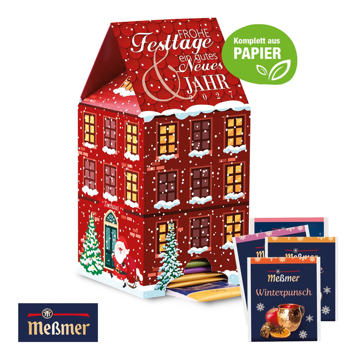 Adventskalender in Hausform aus Karton, rundum mit Werbemotiv bedruckt