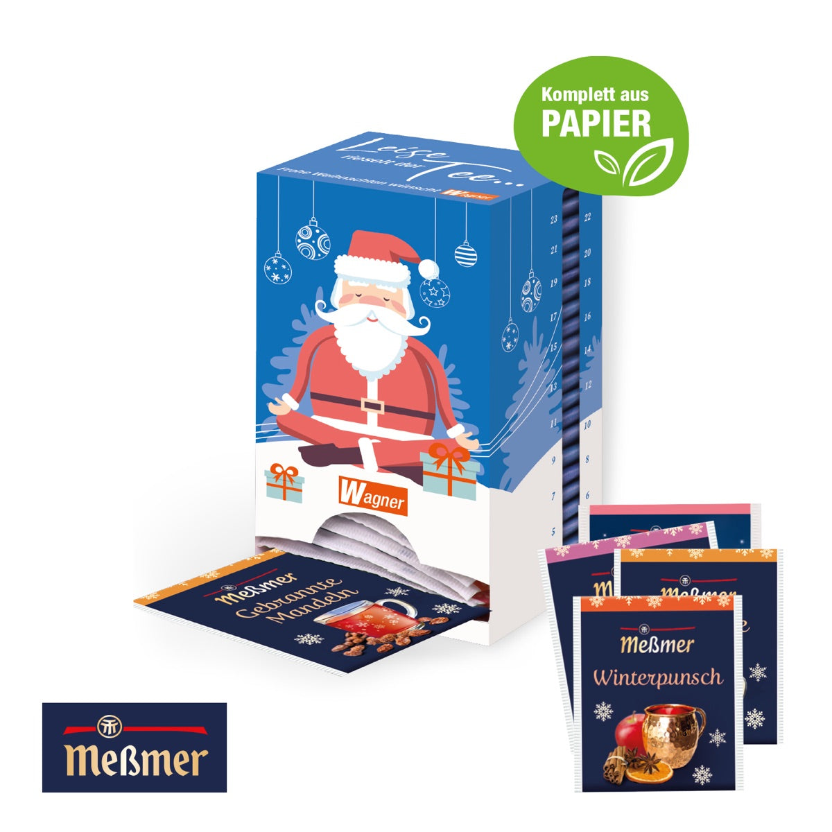 Kompakter Tee Adventskalender aus Karton mit Werbemotiv