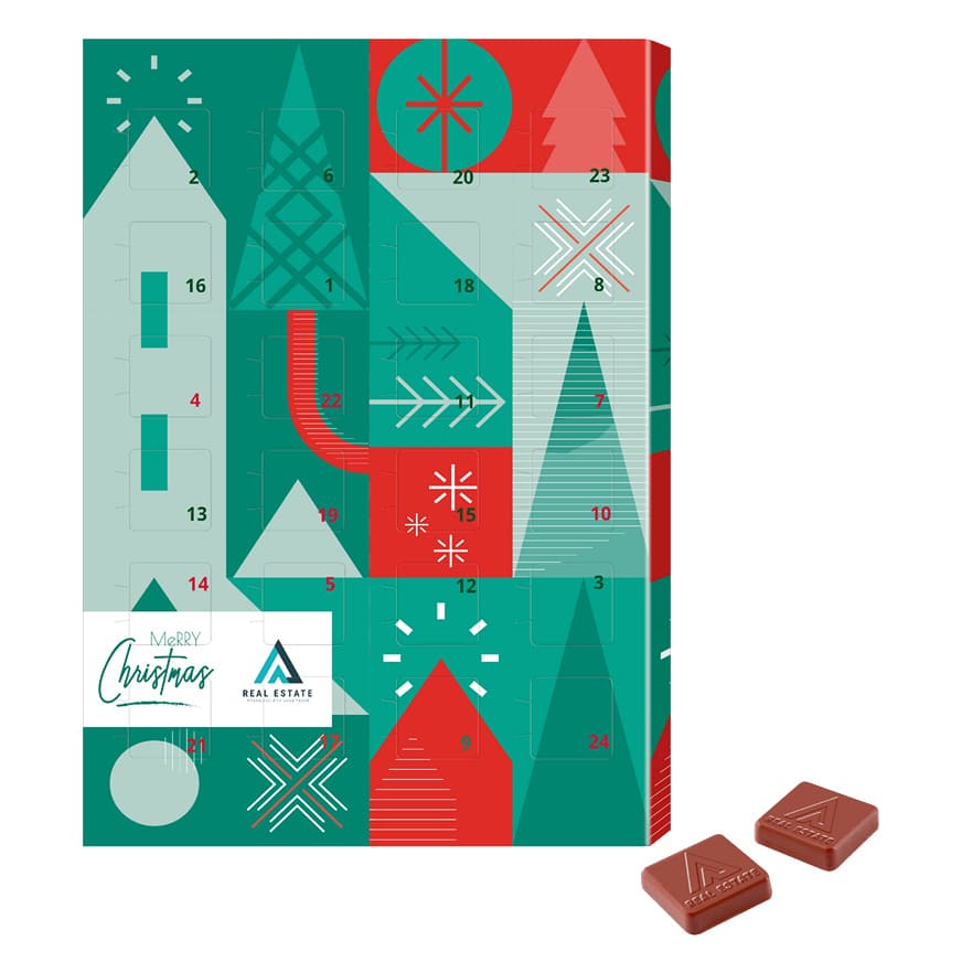 Adventskalender mit Logoprägung auf der Schokolade, Ansicht