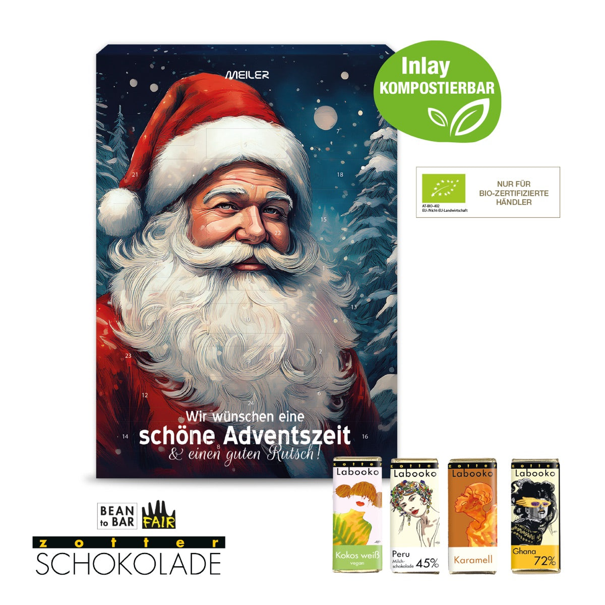 Adventskalender im Hochformat mit rundum bedruckter Werbefläche
