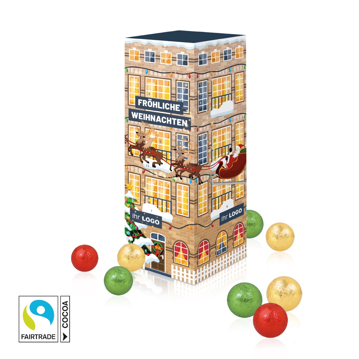 Aufrecht stehender Adventskalender mit fünf bedruckten Werbeflächen