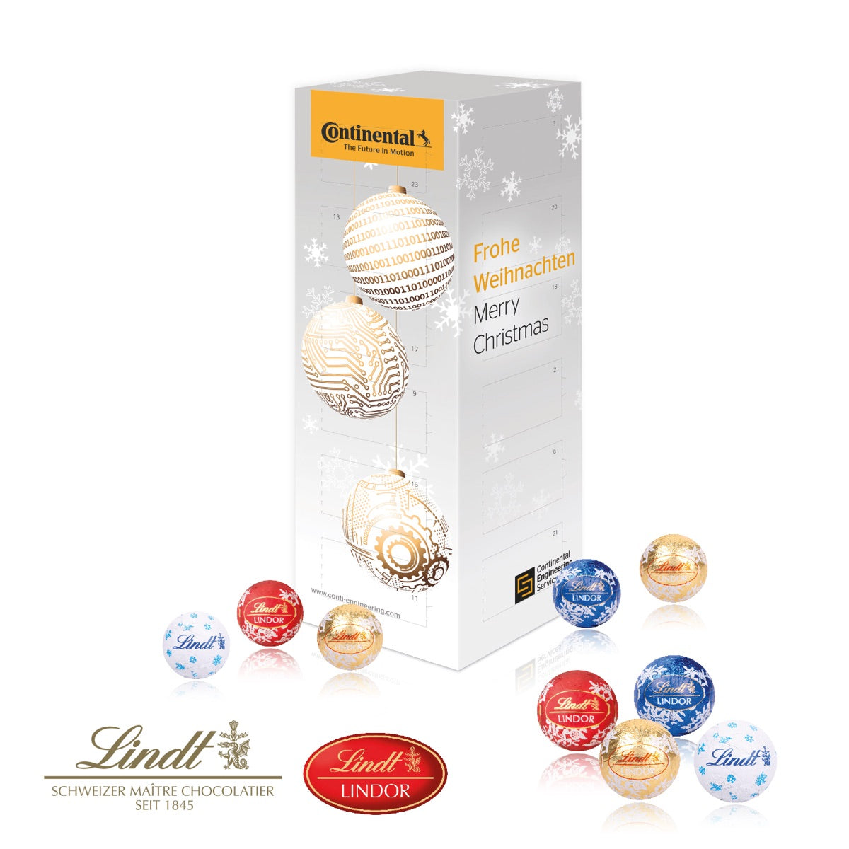 Hoher schmaler Adventskalender mit rundum bedruckten Werbeflächen