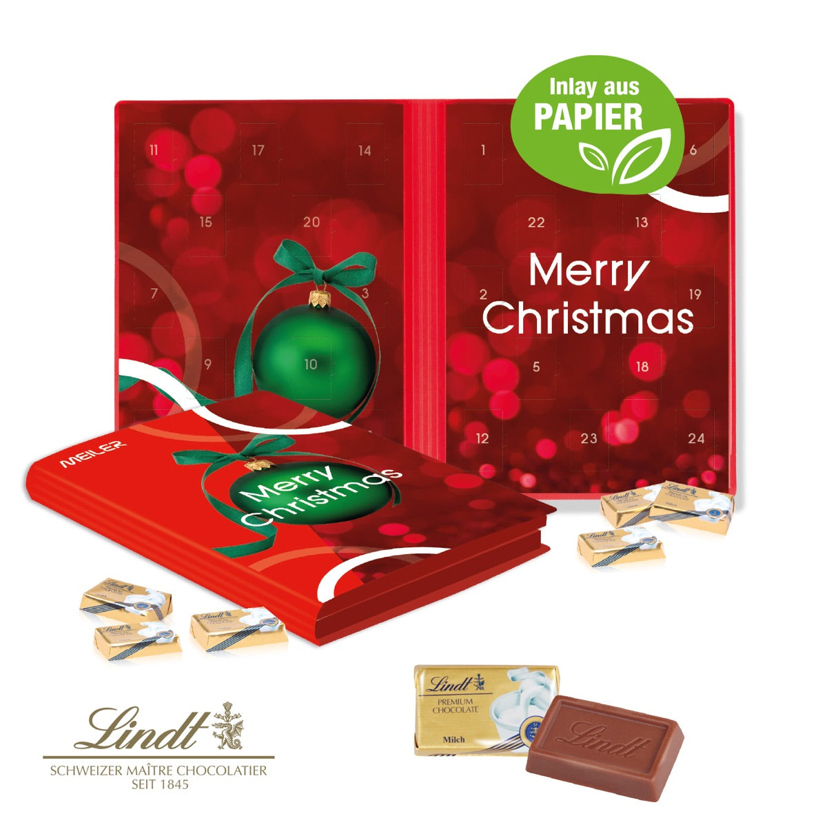 Flacher Adventskalender in Buchform mit individuellem Werbedruck