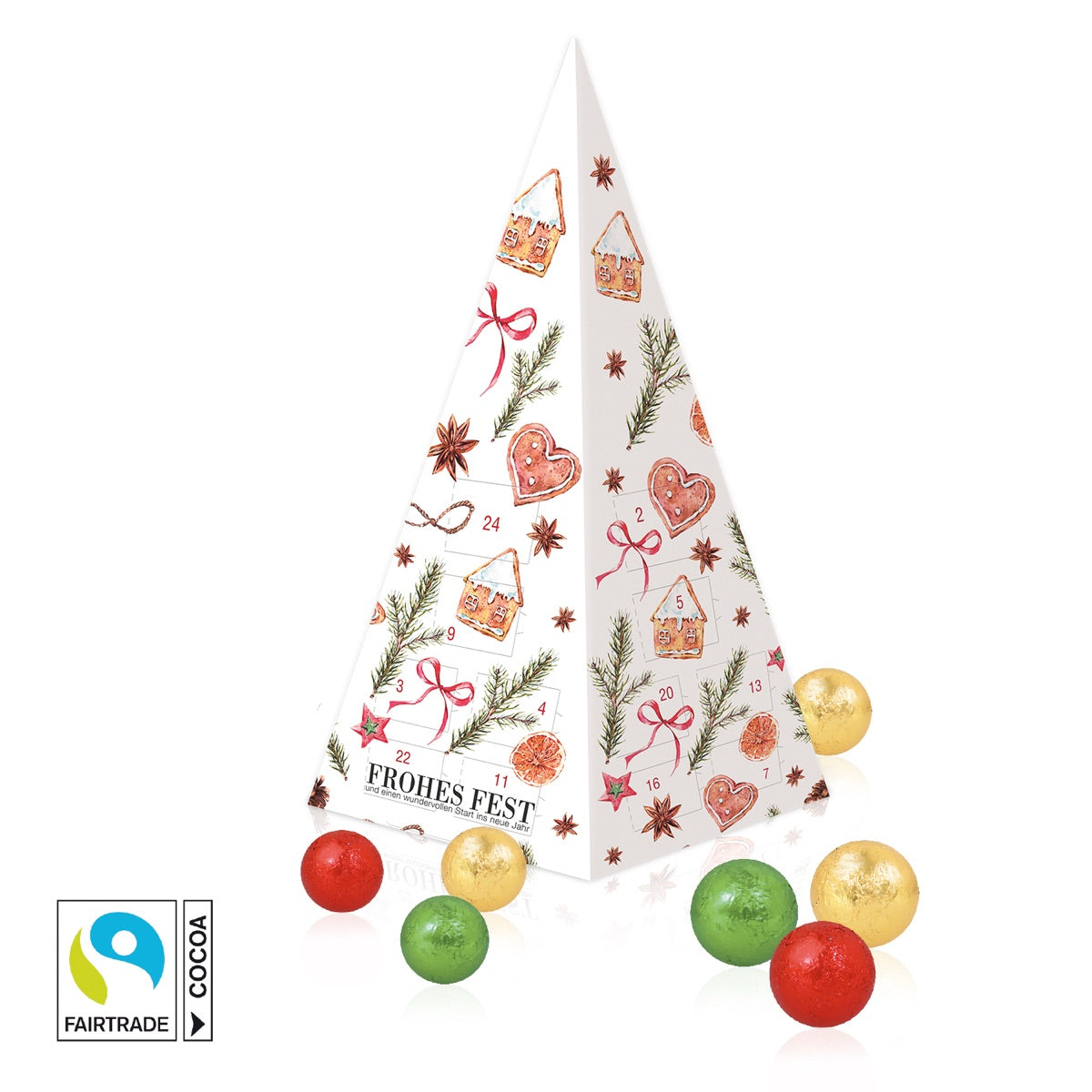 Adventskalender in Pyramidenform mit vier bedruckten Werbeflächen