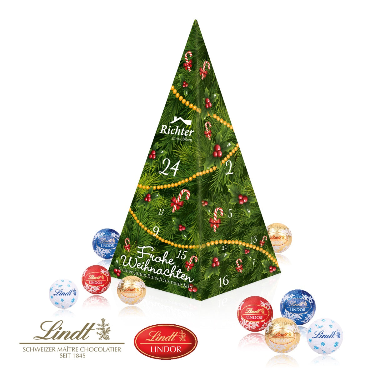 Adventskalender als Pyramide mit rundum bedruckten Werbeflächen